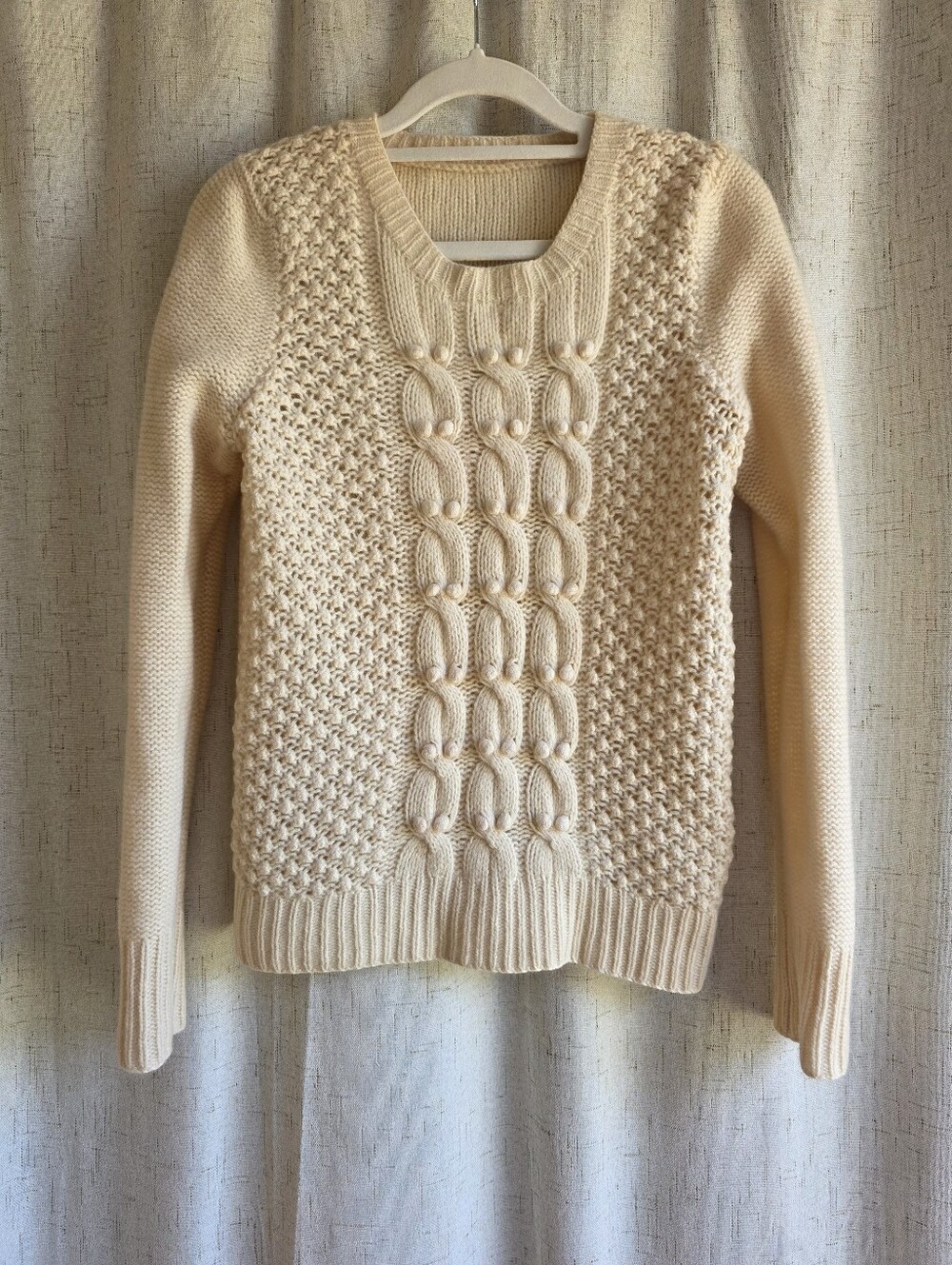 J.Crew Handknit 100% Lambswool Cream Popcorn Cable-Knit Crewneck Sweater 2012 S